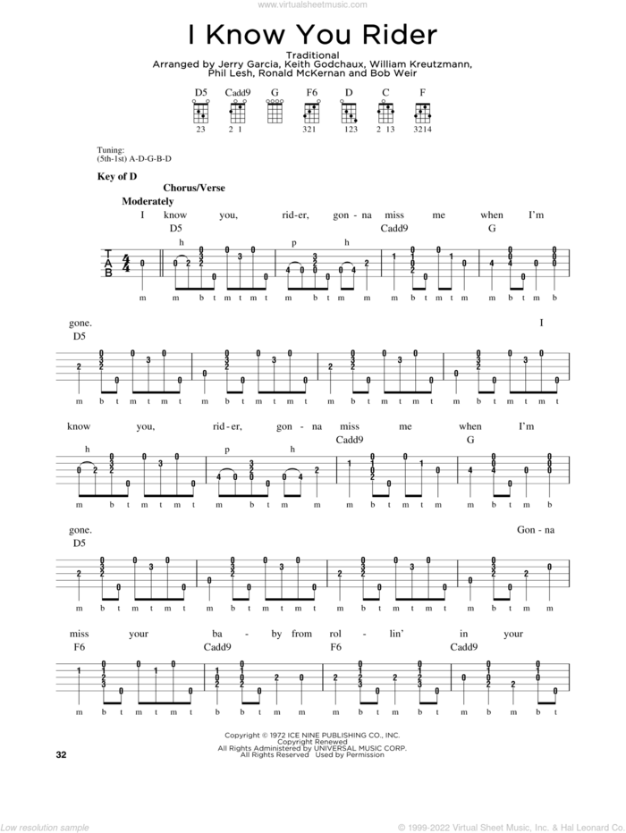 I Know You Rider sheet music for banjo solo by Grateful Dead, intermediate skill level