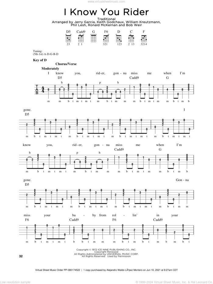 I Know You Rider sheet music for banjo solo by Grateful Dead, intermediate skill level