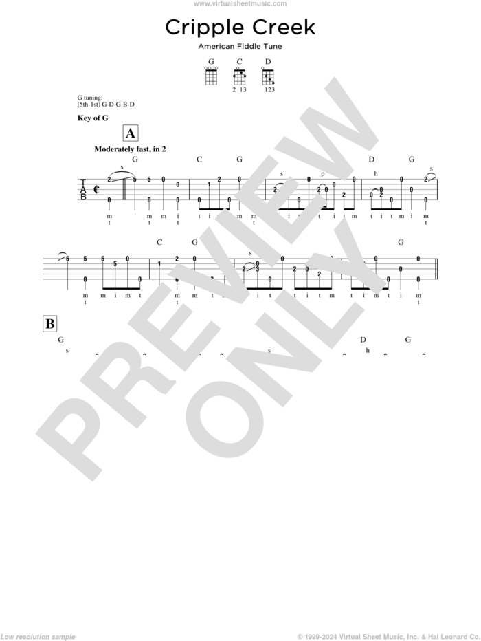 Cripple Creek sheet music for banjo solo, intermediate skill level