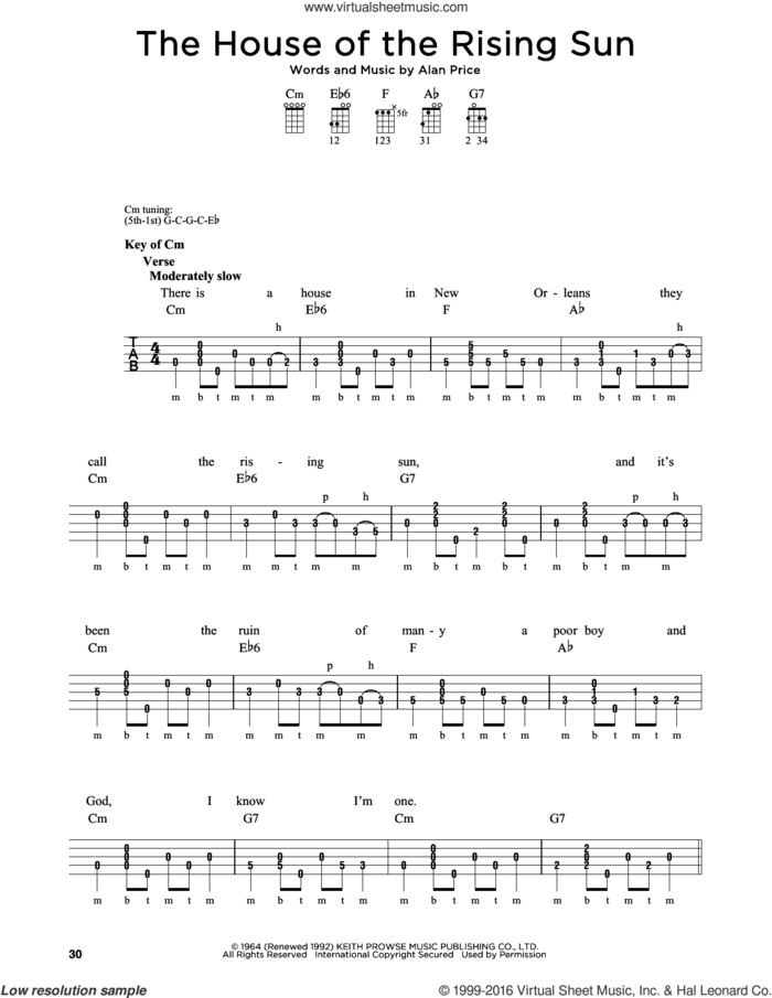 The House Of The Rising Sun sheet music for banjo solo by The Animals and Alan Price, intermediate skill level