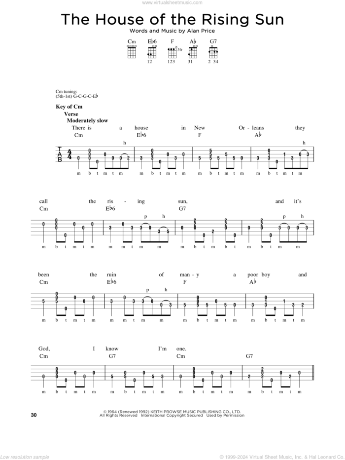 The House Of The Rising Sun sheet music for banjo solo by The Animals and Alan Price, intermediate skill level