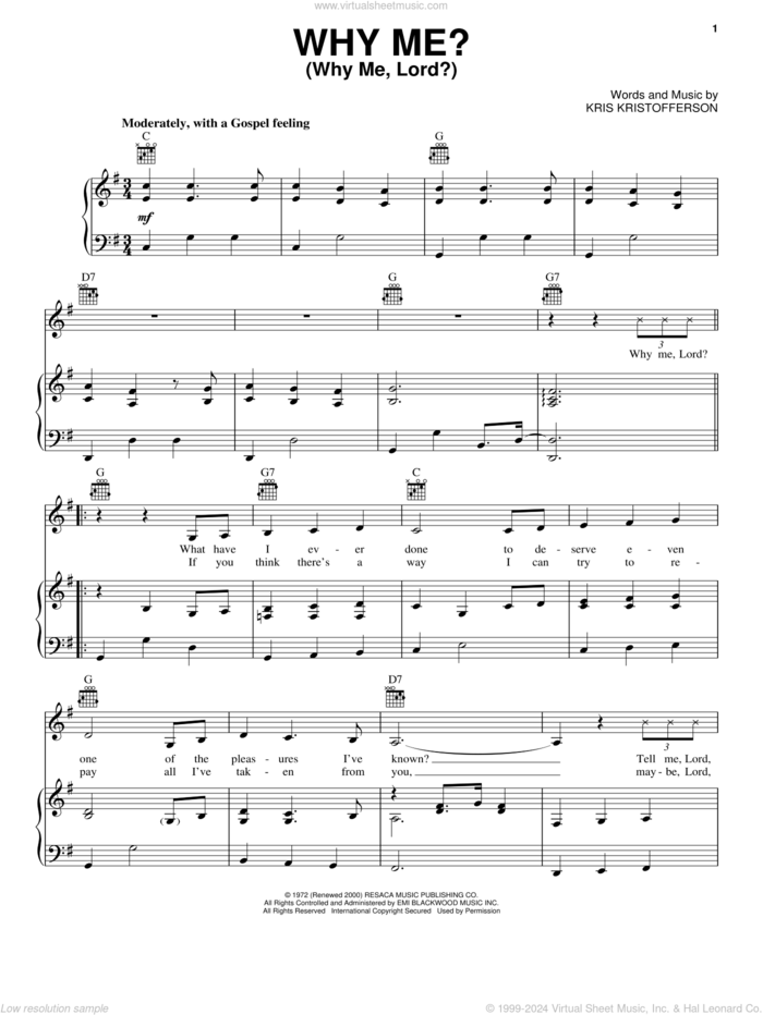 Why Me? (Why Me, Lord?) sheet music for voice, piano or guitar by Kris Kristofferson, Cristy Lane and Johnny Cash, intermediate skill level