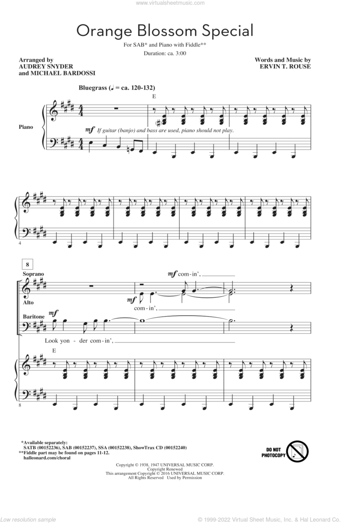 Orange Blossom Special sheet music for choir (SAB: soprano, alto, bass) by Johnny Cash, Audrey Snyder, Billy Vaughn and his Orchestra and Ervin T. Rouse, intermediate skill level