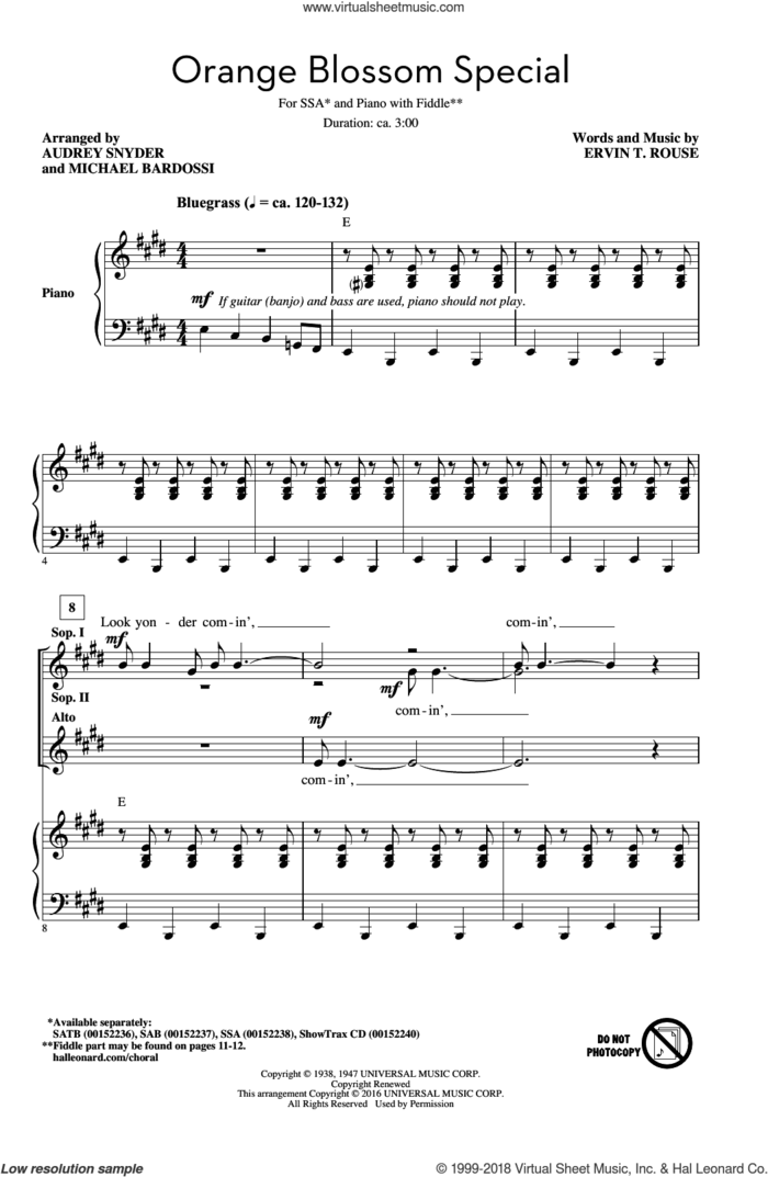 Orange Blossom Special sheet music for choir (SSA: soprano, alto) by Johnny Cash, Audrey Snyder, Billy Vaughn and his Orchestra and Ervin T. Rouse, intermediate skill level