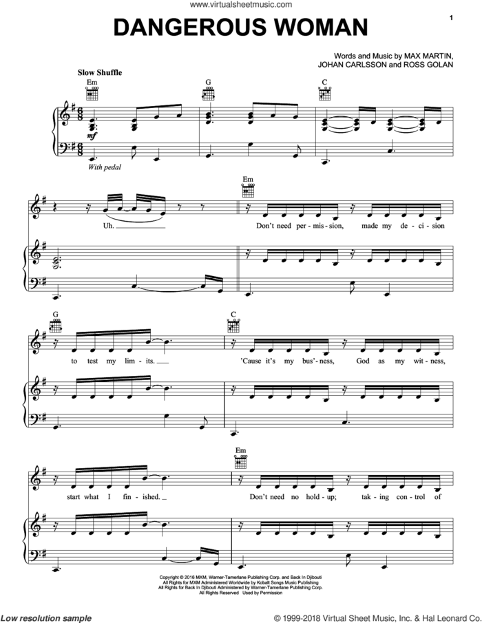 Dangerous Woman sheet music for voice, piano or guitar by Ariana Grande, Johan Carlsson, Max Martin and Ross Golan, intermediate skill level