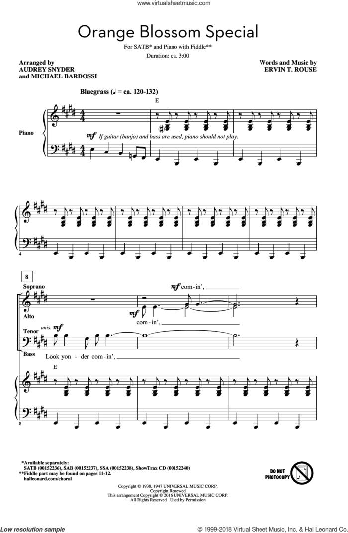 Orange Blossom Special sheet music for choir (SATB: soprano, alto, tenor, bass) by Johnny Cash, Audrey Snyder, Billy Vaughn and his Orchestra and Ervin T. Rouse, intermediate skill level