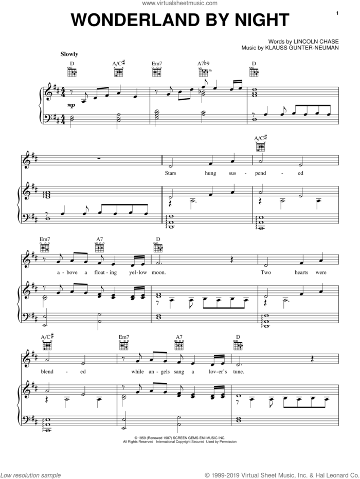 Wonderland By Night sheet music for voice, piano or guitar by Bert Kaempfert, Klauss Gunter-Neuman and Lincoln Chase, intermediate skill level