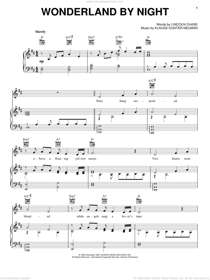 Wonderland By Night sheet music for voice, piano or guitar by Bert Kaempfert, Klauss Gunter-Neuman and Lincoln Chase, intermediate skill level