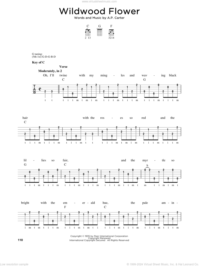 Wildwood Flower sheet music for banjo solo by The Carter Family and A.P. Carter, intermediate skill level