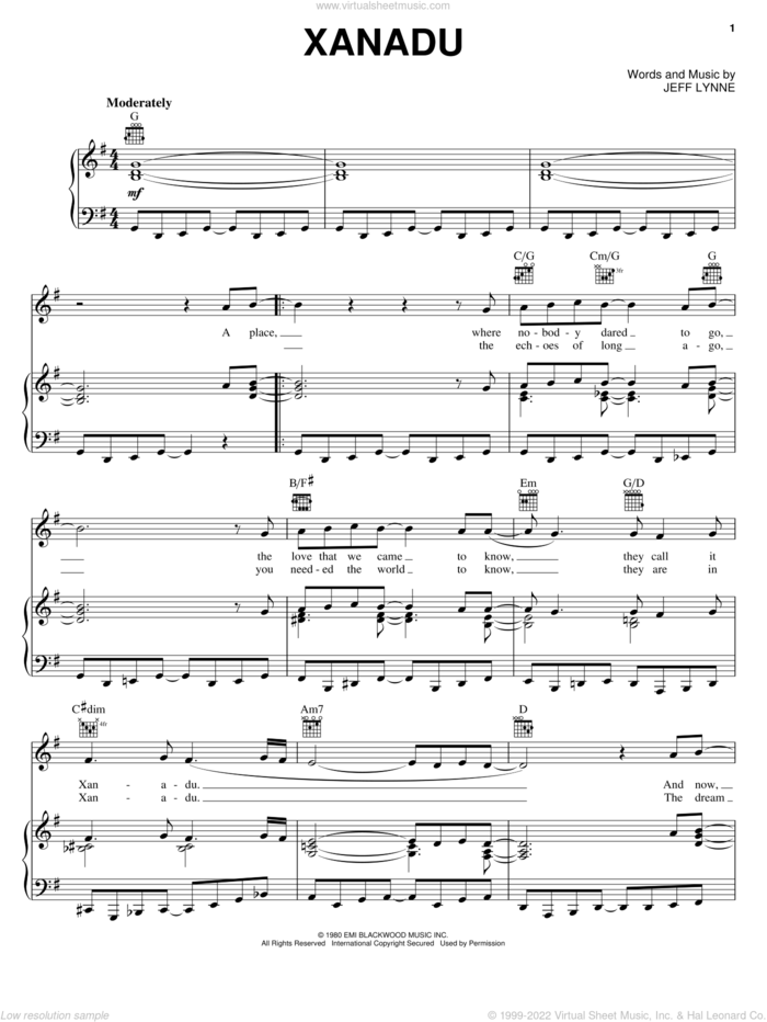 Xanadu sheet music for voice, piano or guitar by Oliva Newton-John, Electric Light Orchestra, Olivia Newton-John and Jeff Lynne, intermediate skill level