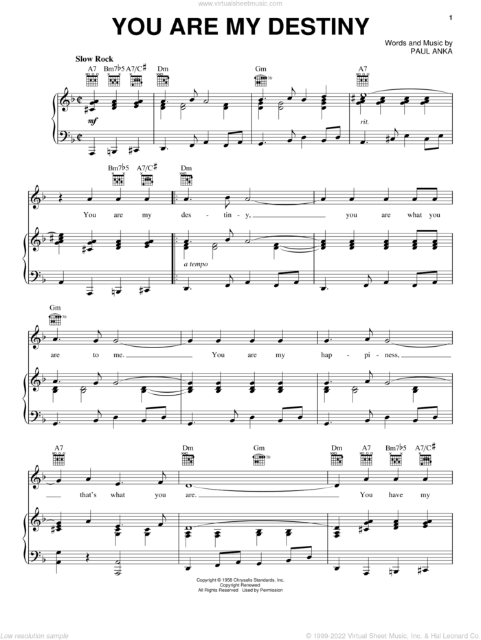 You Are My Destiny sheet music for voice, piano or guitar by Paul Anka, intermediate skill level