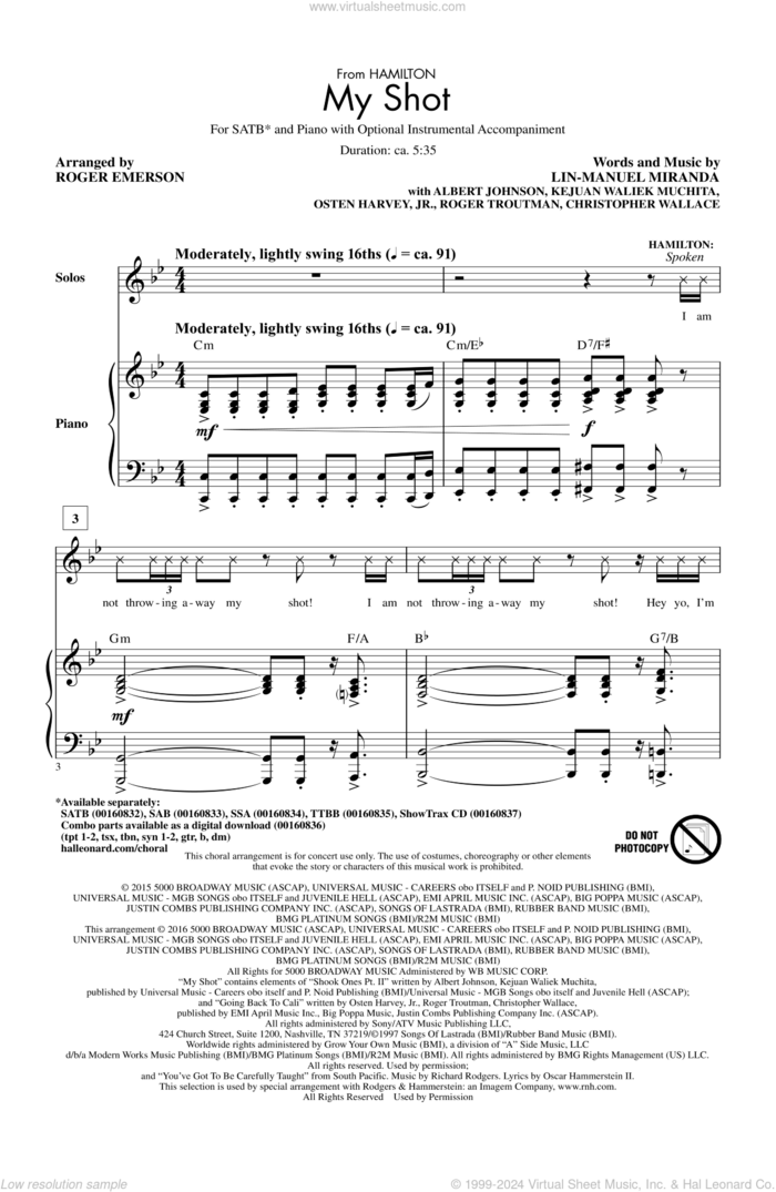 My Shot (from Hamilton) (arr. Roger Emerson) sheet music for choir (SATB: soprano, alto, tenor, bass) by Lin-Manuel Miranda, Roger Emerson, Albert Johnson, Christopher Wallace, Kejuan Waliek Muchita, Osten Harvey, Jr. and Roger Troutman, intermediate skill level