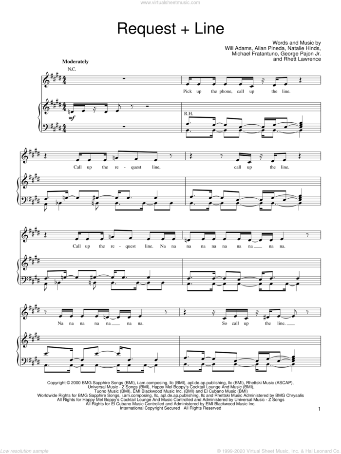 Request + Line sheet music for voice, piano or guitar by Black Eyed Peas, Allan Pineda, George Pajon Jr., Michael Fratantuno, Natalie Hinds, Rhett Lawrence and Will Adams, intermediate skill level
