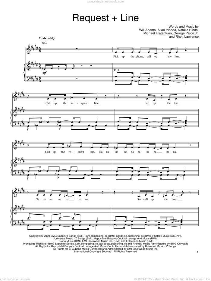 Request + Line sheet music for voice, piano or guitar by Black Eyed Peas, Allan Pineda, George Pajon Jr., Michael Fratantuno, Natalie Hinds, Rhett Lawrence and Will Adams, intermediate skill level