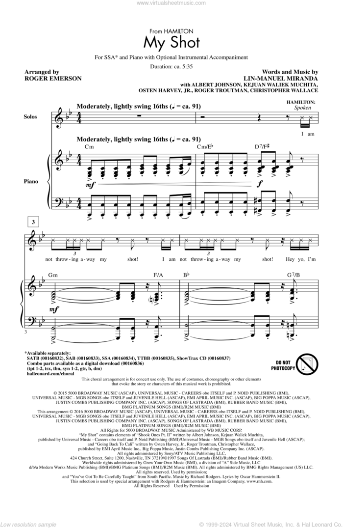 My Shot (from Hamilton) (arr. Roger Emerson) sheet music for choir (SSA: soprano, alto) by Lin-Manuel Miranda, Roger Emerson, Albert Johnson, Christopher Wallace, Kejuan Waliek Muchita, Osten Harvey, Jr. and Roger Troutman, intermediate skill level