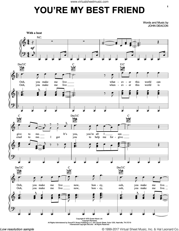 You're My Best Friend sheet music for voice, piano or guitar by Queen and John Deacon, intermediate skill level