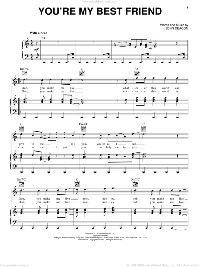 You're My Best Friend sheet music for voice, piano or guitar by Queen and John Deacon, intermediate skill level