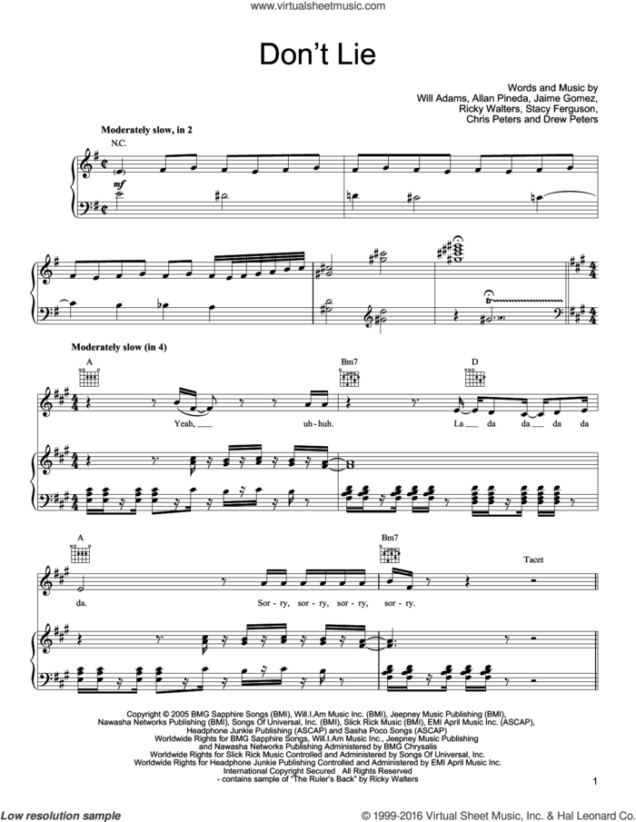 Don't Lie sheet music for voice, piano or guitar by Black Eyed Peas, Allan Pineda, Chris Peters, Drew Peters, Jaime Gomez, Ricky Walters, Stacy Ferguson and Will Adams, intermediate skill level
