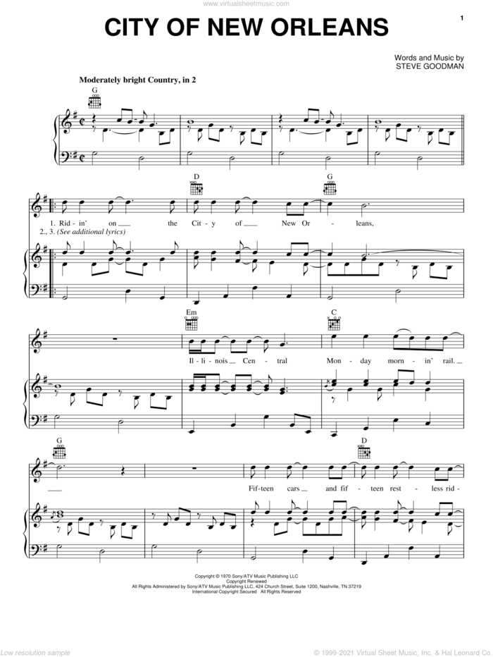 City Of New Orleans sheet music for voice, piano or guitar by Arlo Guthrie, Willie Nelson and Steve Goodman, intermediate skill level