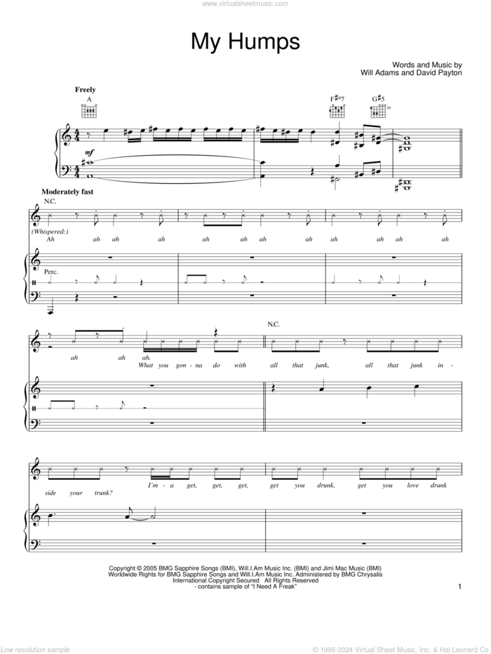 My Humps sheet music for voice, piano or guitar by Black Eyed Peas, David Payton and Will Adams, intermediate skill level