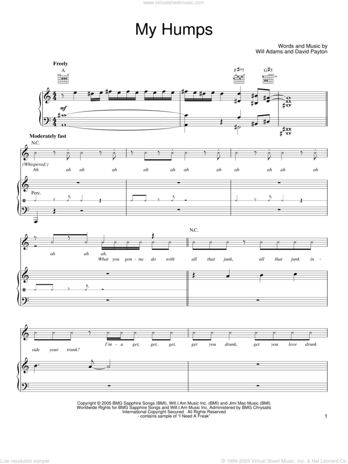 My Humps sheet music for voice, piano or guitar by Black Eyed Peas, David Payton and Will Adams, intermediate skill level