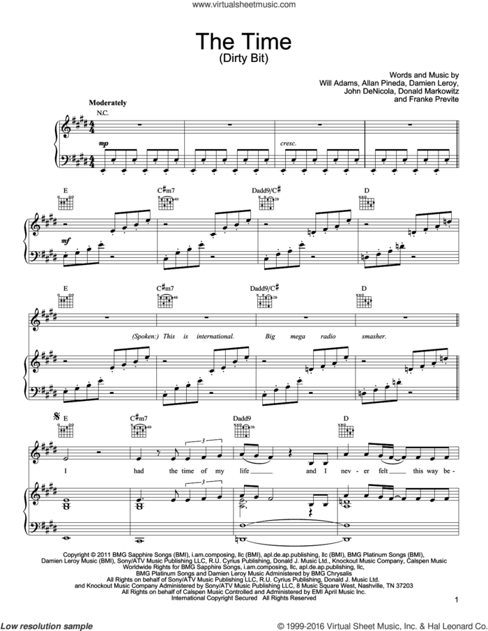 The Time (Dirty Bit) sheet music for voice, piano or guitar by Black Eyed Peas, Allan Pineda, Damien Leroy, Donald Markowitz, Franke Previte, John DeNicola and Will Adams, intermediate skill level