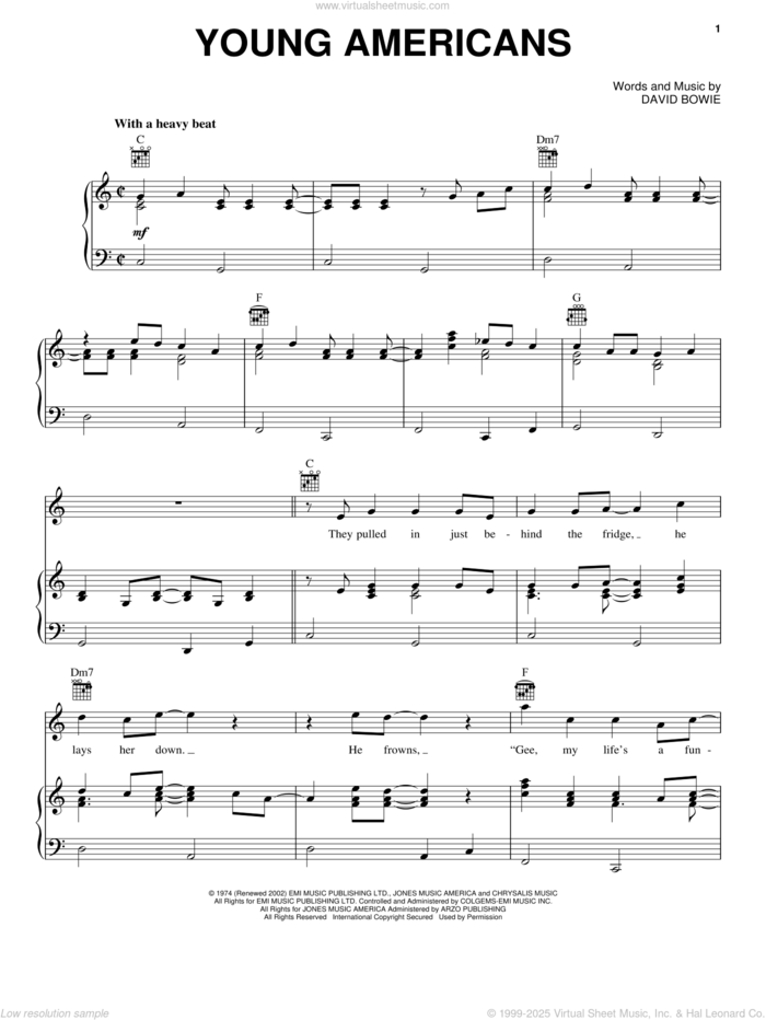 Young Americans sheet music for voice, piano or guitar by David Bowie, intermediate skill level