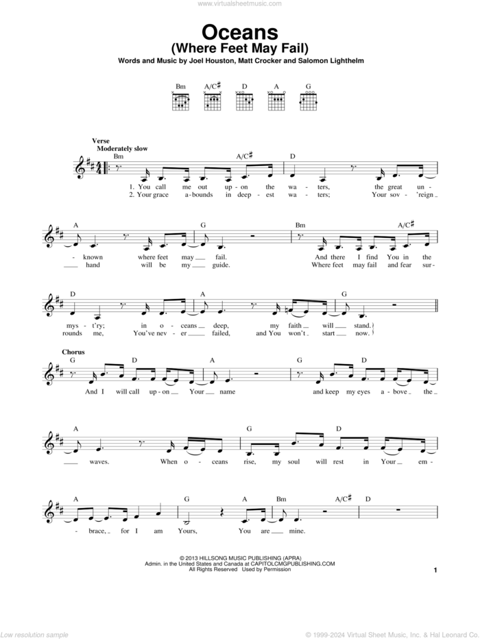 Oceans (Where Feet May Fail) sheet music for guitar solo (chords) by Hillsong United, Joel Houston, Matt Crocker and Salomon Lighthelm, easy guitar (chords)