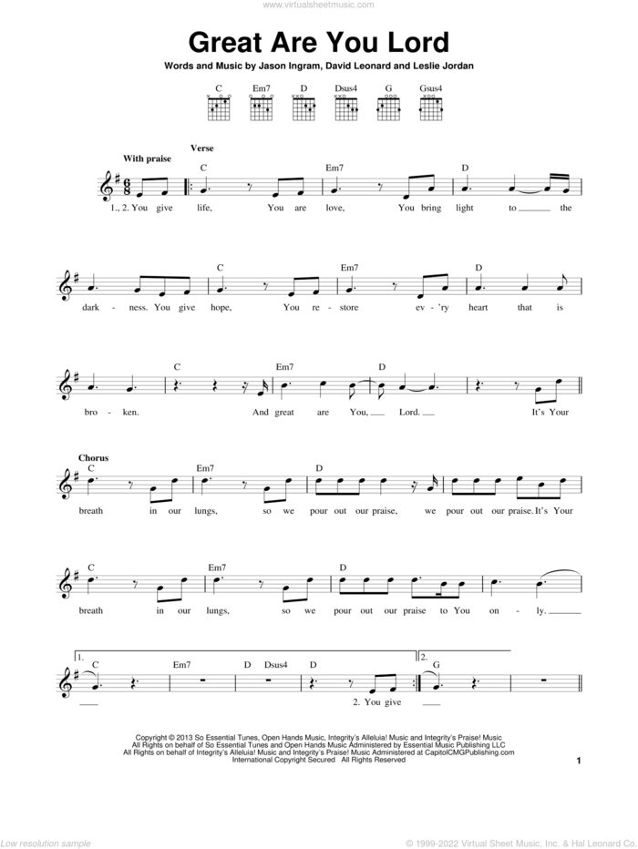 Great Are You Lord sheet music for guitar solo (chords) by Jason Ingram, David Leonard and Leslie Jordan, easy guitar (chords)