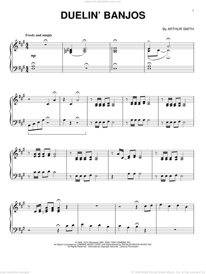 Duelin' Banjos sheet music for piano solo by Eric Weissberg & Steve Mandell and Arthur Smith, intermediate skill level
