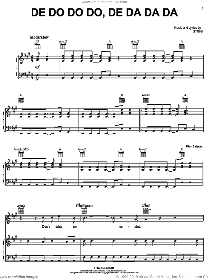 De Do Do Do, De Da Da Da sheet music for voice, piano or guitar by The Police and Sting, intermediate skill level