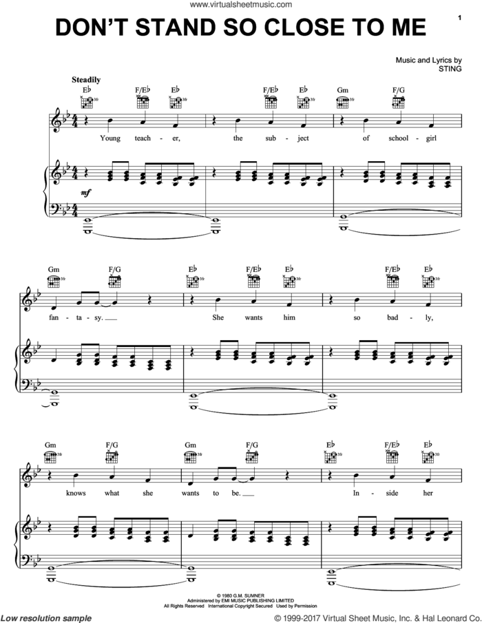 Don't Stand So Close To Me sheet music for voice, piano or guitar by The Police and Sting, intermediate skill level