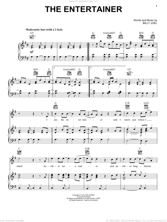 The Entertainer sheet music for voice, piano or guitar by Billy Joel, intermediate skill level
