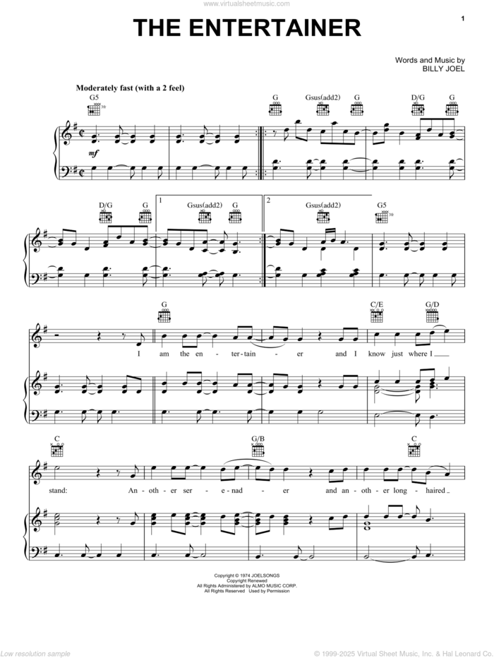 The Entertainer sheet music for voice, piano or guitar by Billy Joel, intermediate skill level