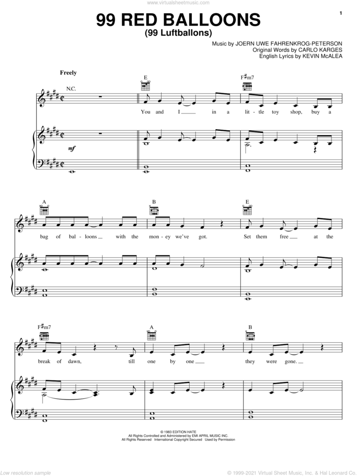 99 Red Balloons (99 Luftballons) sheet music for voice, piano or guitar by Nena, Carlo Karges, Joern Uwe Fahrenkrog-Peterson and Kevin McAlea, intermediate skill level