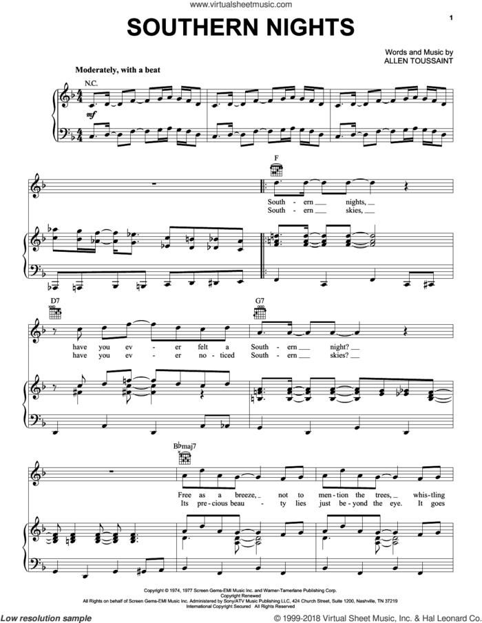 Southern Nights sheet music for voice, piano or guitar by Glen Campbell and Allen Toussaint, intermediate skill level
