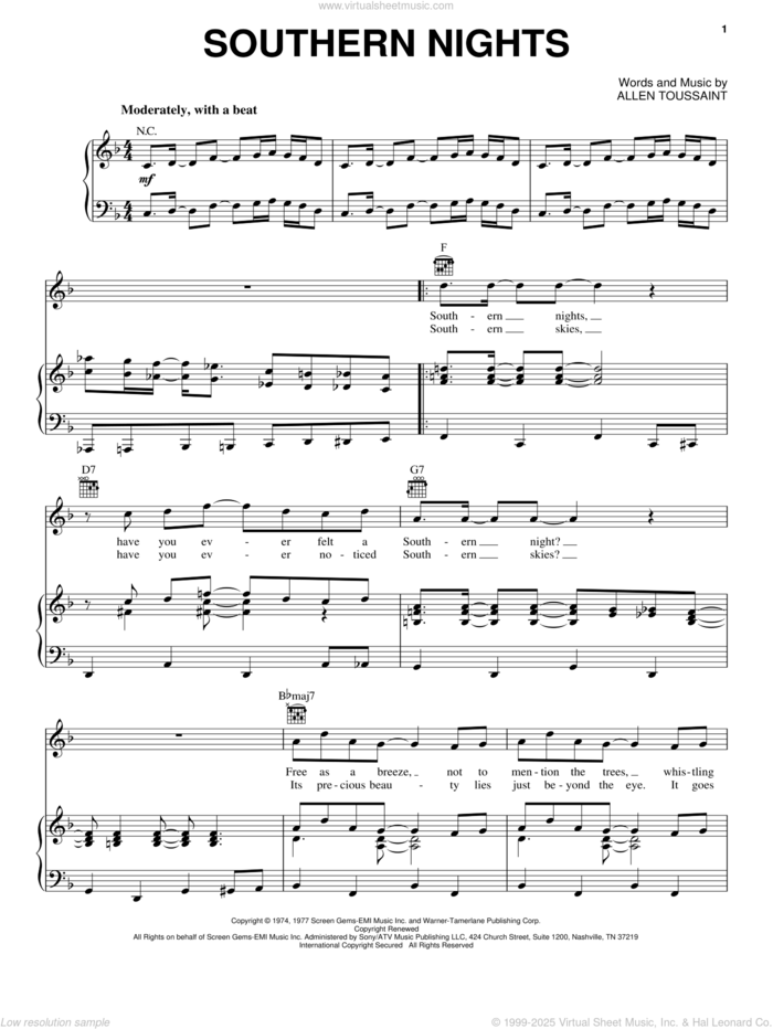 Southern Nights sheet music for voice, piano or guitar by Glen Campbell and Allen Toussaint, intermediate skill level