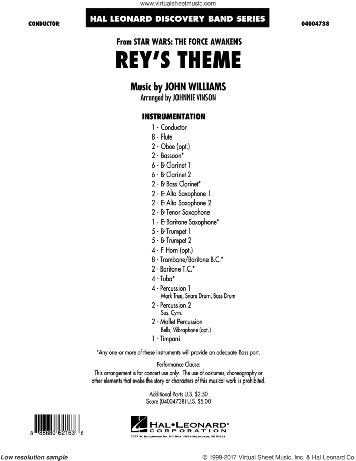 Rey's Theme (from Star Wars: The Force Awakens) (COMPLETE) sheet music for concert band by John Williams and Johnnie Vinson, intermediate skill level