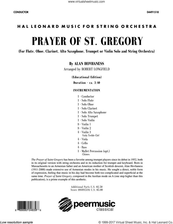 Prayer of St. Gregory (Educational Edition) (COMPLETE) sheet music for orchestra by Robert Longfield and Alan Hovhaness, classical score, intermediate skill level