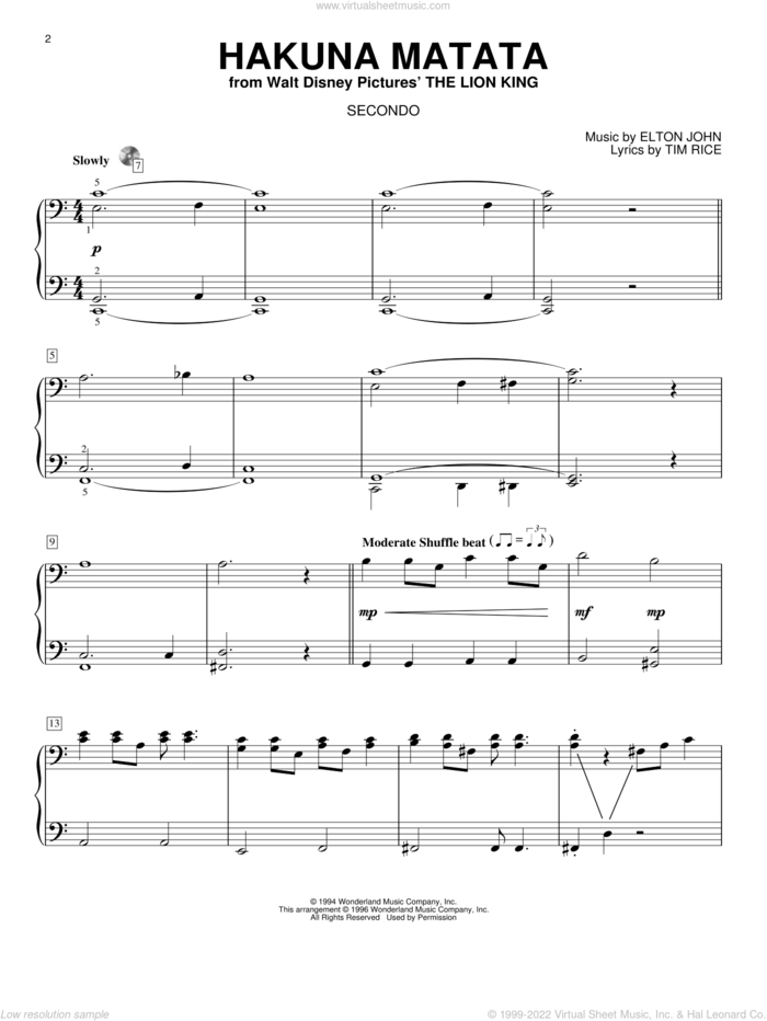 Hakuna Matata (from The Lion King) sheet music for piano four hands by Elton John, The Lion King and Tim Rice, intermediate skill level