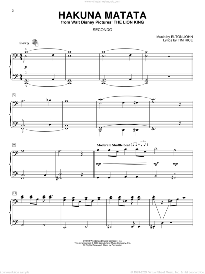 Hakuna Matata (from The Lion King) sheet music for piano four hands by Elton John, The Lion King and Tim Rice, intermediate skill level