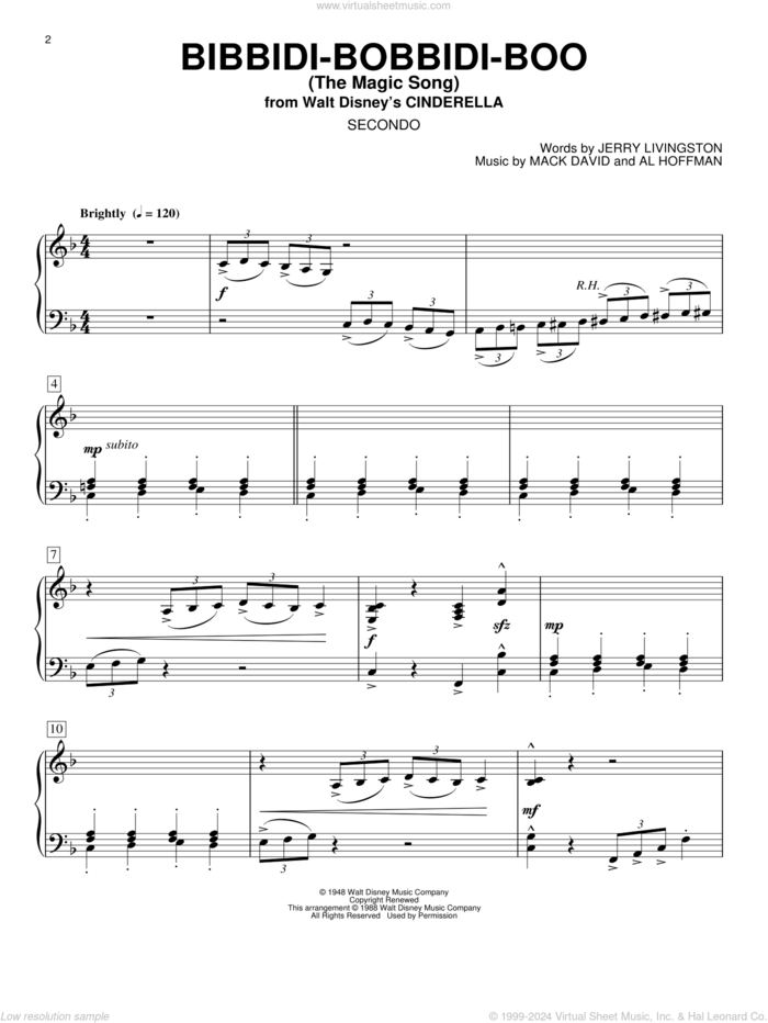 Bibbidi-Bobbidi-Boo (The Magic Song) (from Cinderella) sheet music for piano four hands by Verna Felton, Louis Armstrong, Al Hoffman, Jerry Livingston and Mack David, intermediate skill level