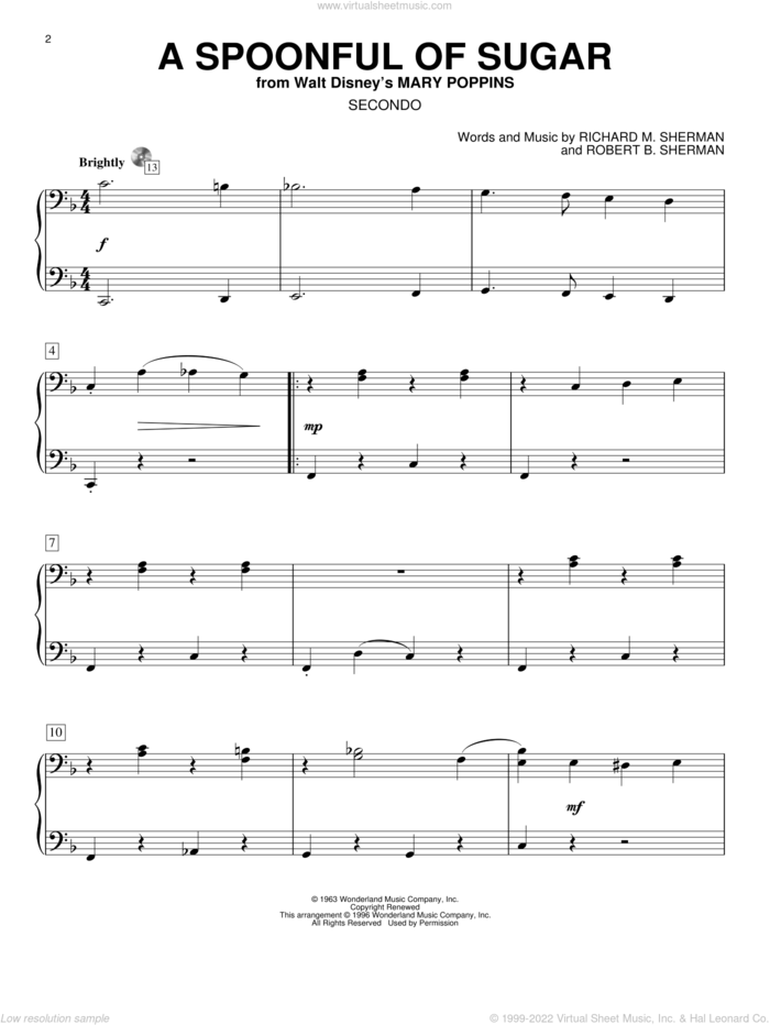 A Spoonful Of Sugar (from Mary Poppins) sheet music for piano four hands by Sherman Brothers, Mary Poppins (Movie), Richard M. Sherman and Robert B. Sherman, intermediate skill level