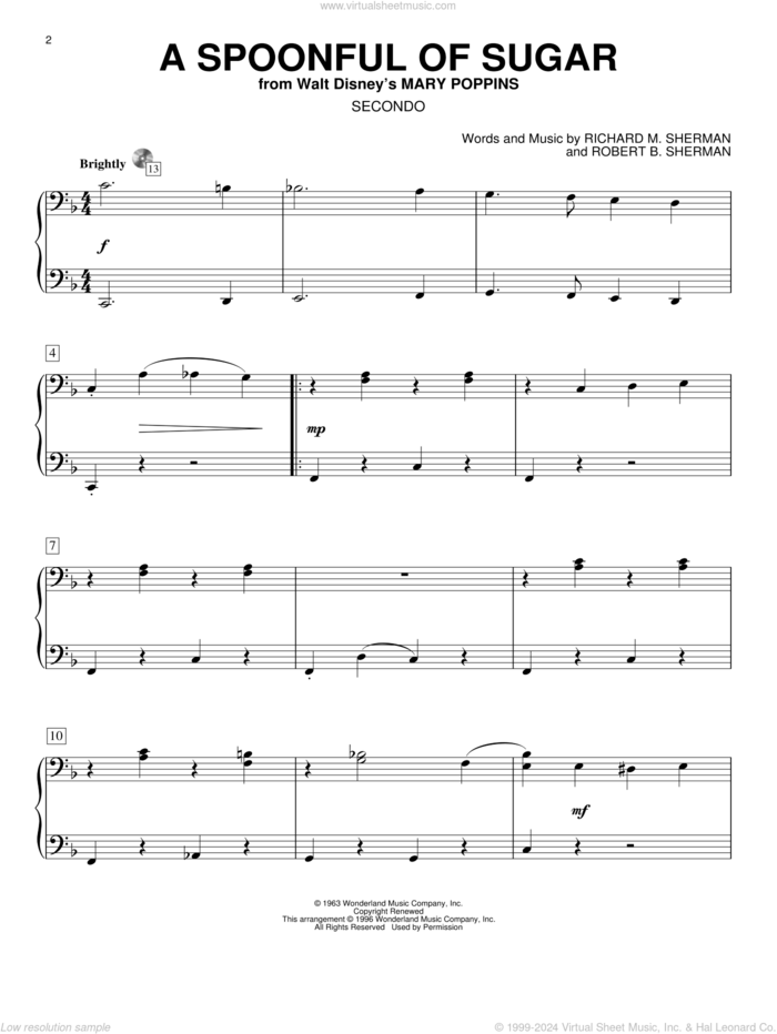 A Spoonful Of Sugar (from Mary Poppins) sheet music for piano four hands by Sherman Brothers, Mary Poppins (Movie), Richard M. Sherman and Robert B. Sherman, intermediate skill level