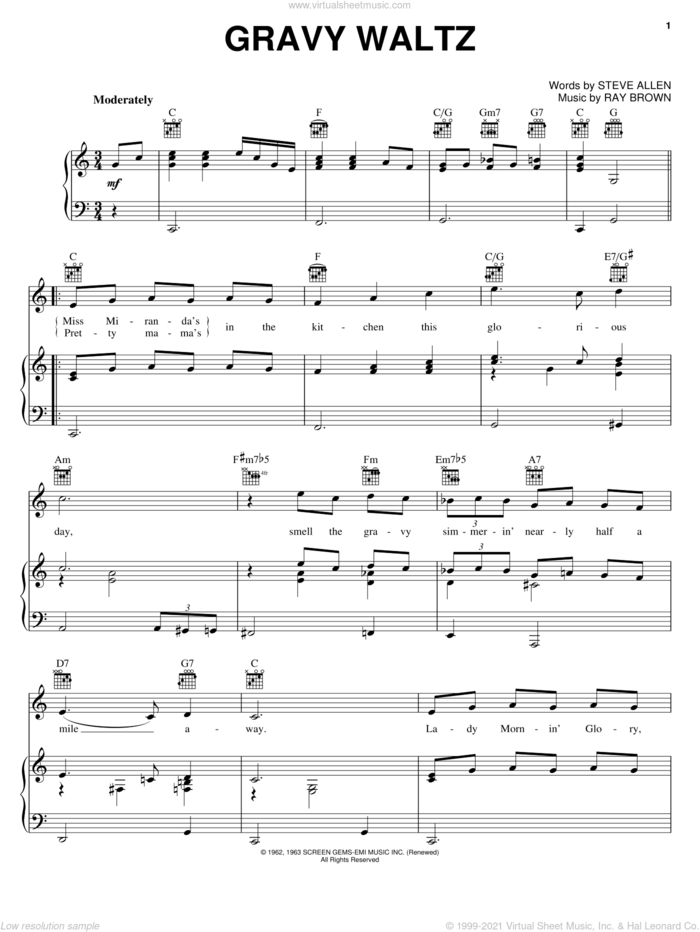 Gravy Waltz sheet music for voice, piano or guitar by Steve Allen and Ray Brown, intermediate skill level
