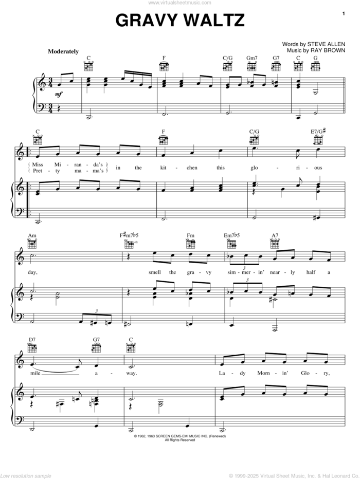 Gravy Waltz sheet music for voice, piano or guitar by Steve Allen and Ray Brown, intermediate skill level