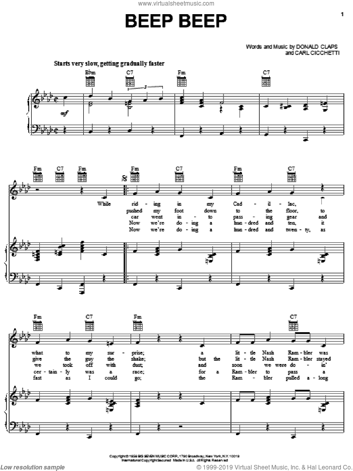 Beep Beep sheet music for voice, piano or guitar by The Playmates, Carl Cicchetti and Donald Claps, intermediate skill level