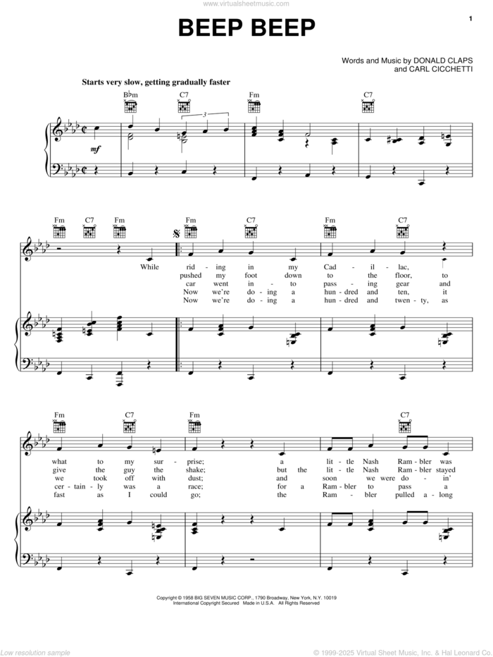 Beep Beep sheet music for voice, piano or guitar by The Playmates, Carl Cicchetti and Donald Claps, intermediate skill level