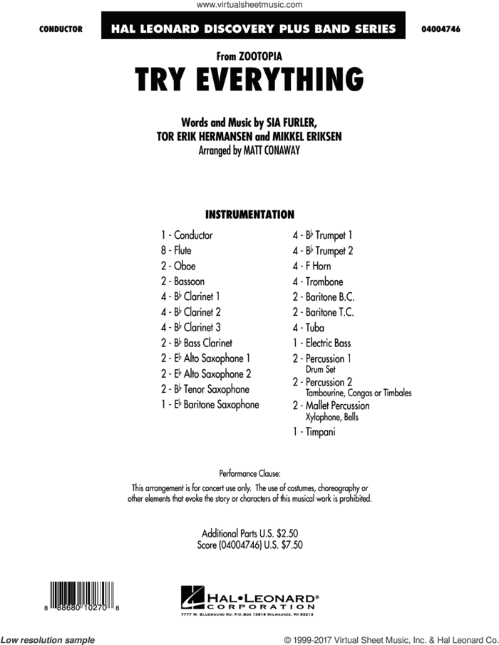 Try Everything (from Zootopia) (COMPLETE) sheet music for concert band by Matt Conaway, Mikkel Eriksen, Shakira, Sia Furler and Tor Erik Hermansen, intermediate skill level
