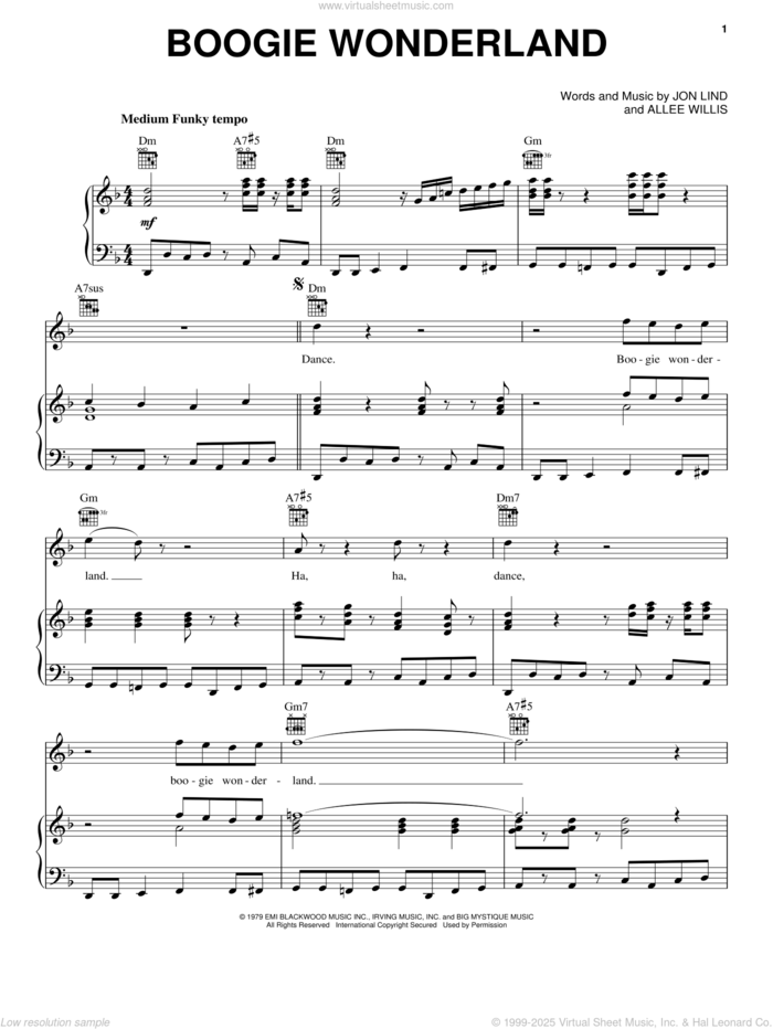 Boogie Wonderland sheet music for voice, piano or guitar by Earth, Wind & Fire, Allee Willis and Jon Lind, intermediate skill level